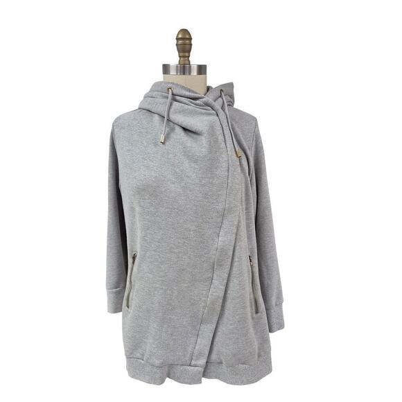 Neiman Marcus Grey Zip-Up Hoodie Gold Hardware asymmetrical design Sz XL - Picture 4 of 6